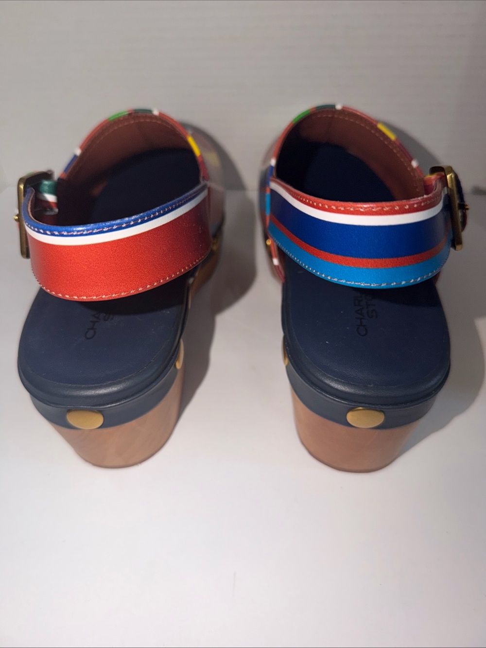 Charlotte Stone Jona Kite Stripe MultiColor Wood Platform Slingback Clog Size 12 - Picture 9 of 10